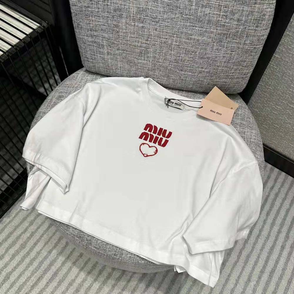 Miu Miu Women Embroidered Cotton Jersey T-shirt with Contrasting Logo-White - image 4