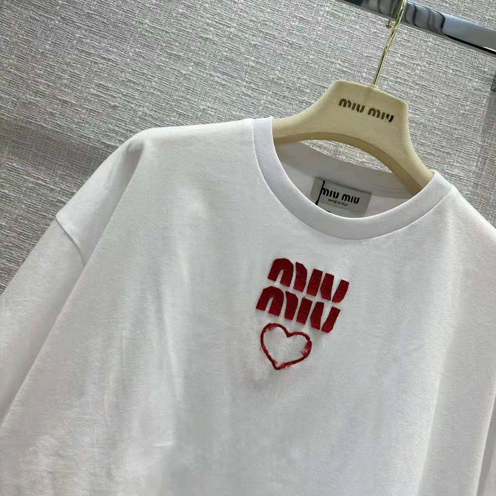 Miu Miu Women Embroidered Cotton Jersey T-shirt with Contrasting Logo-White - image 5
