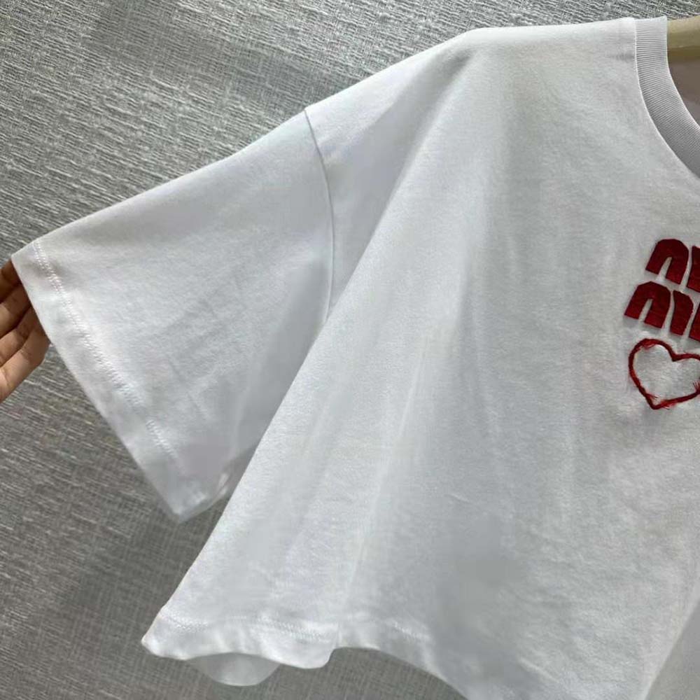 Miu Miu Women Embroidered Cotton Jersey T-shirt with Contrasting Logo-White - image 7