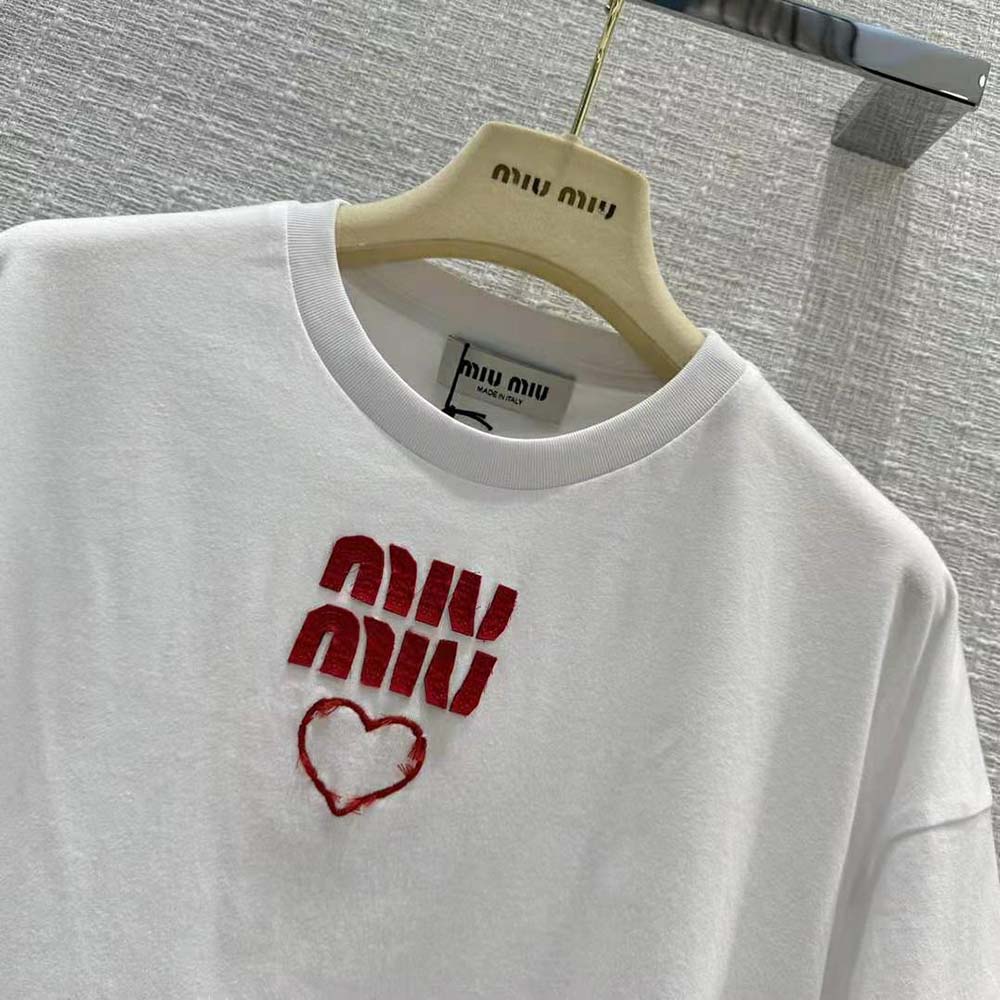 Miu Miu Women Embroidered Cotton Jersey T-shirt with Contrasting Logo-White - image 6