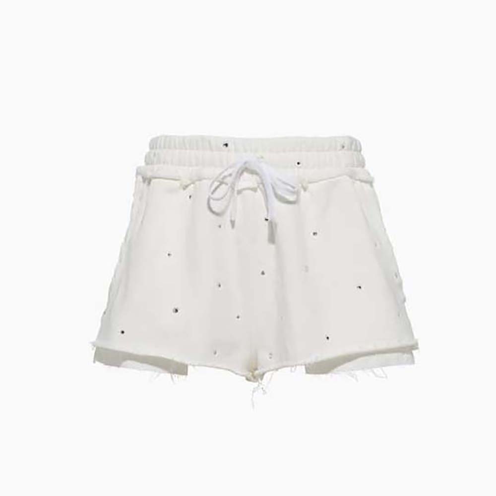Front view of Miu Miu Women Embroidered Cotton Shorts with Embroidered Logo-White