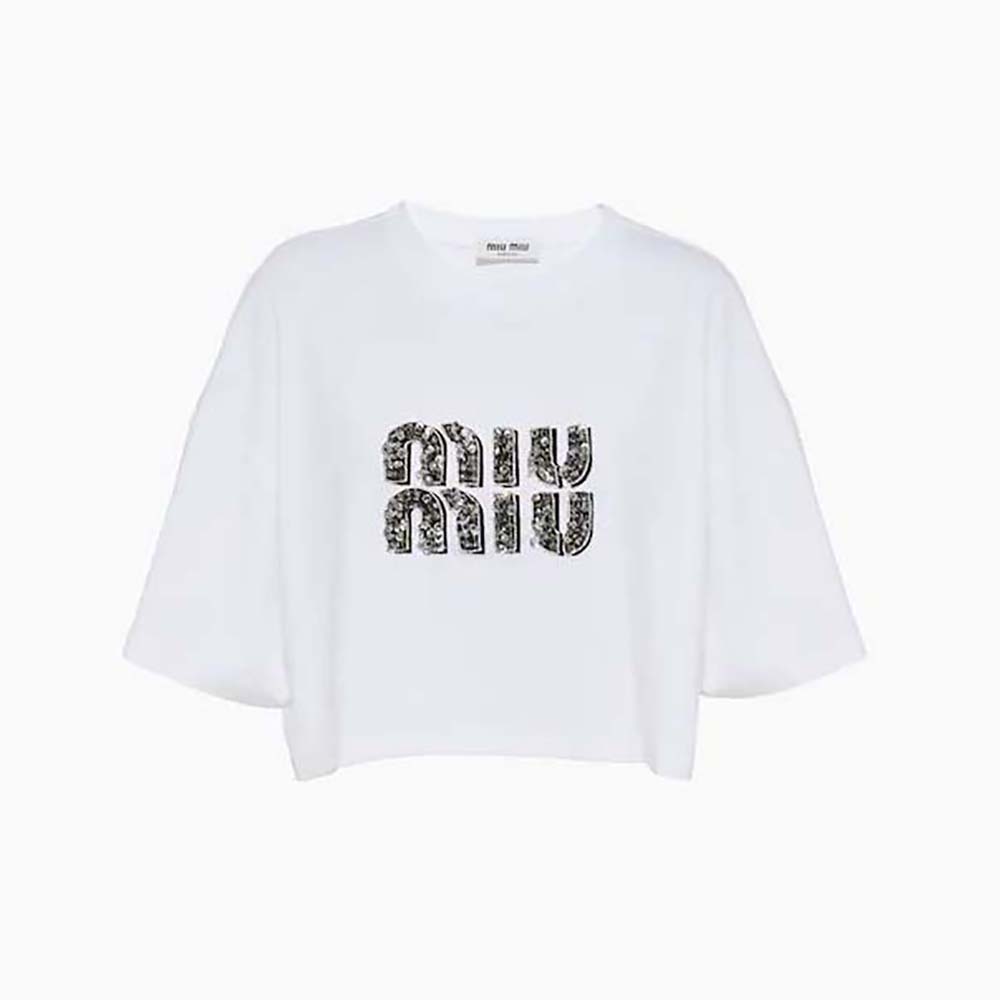 Front view of Miu Miu Women Embroidered Cotton T-shirt with Embroidered Logo-White