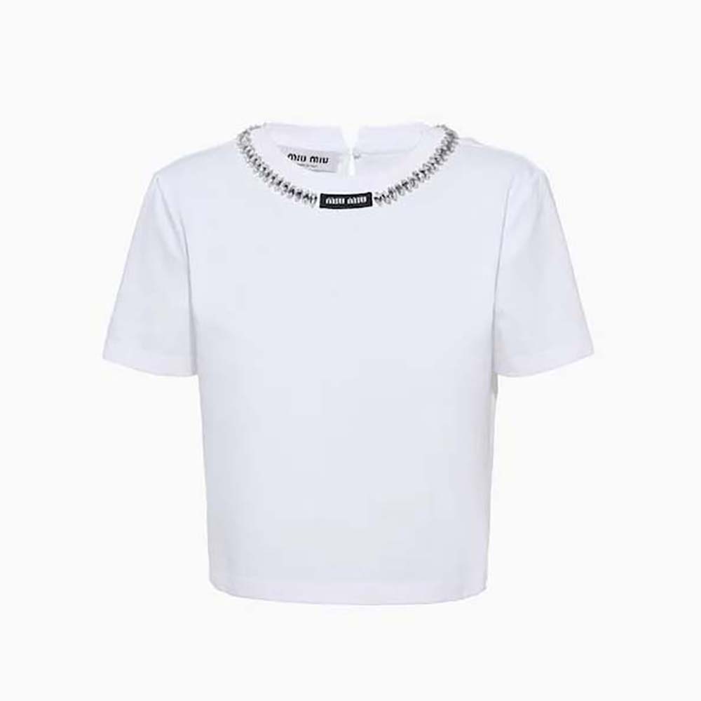 Front view of Miu Miu Women Embroidered Cotton T-shirt with Logo Patch-White