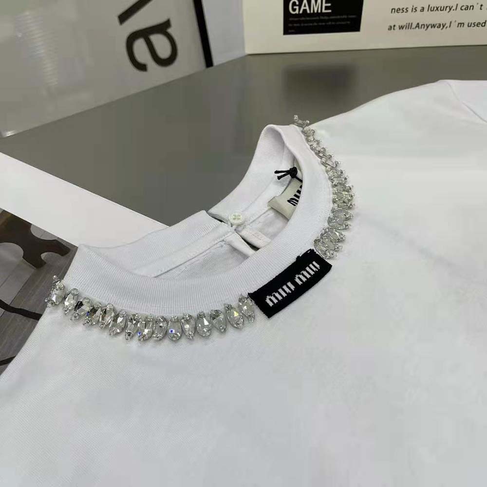 Miu Miu Women Embroidered Cotton T-shirt with Logo Patch-White - image 5