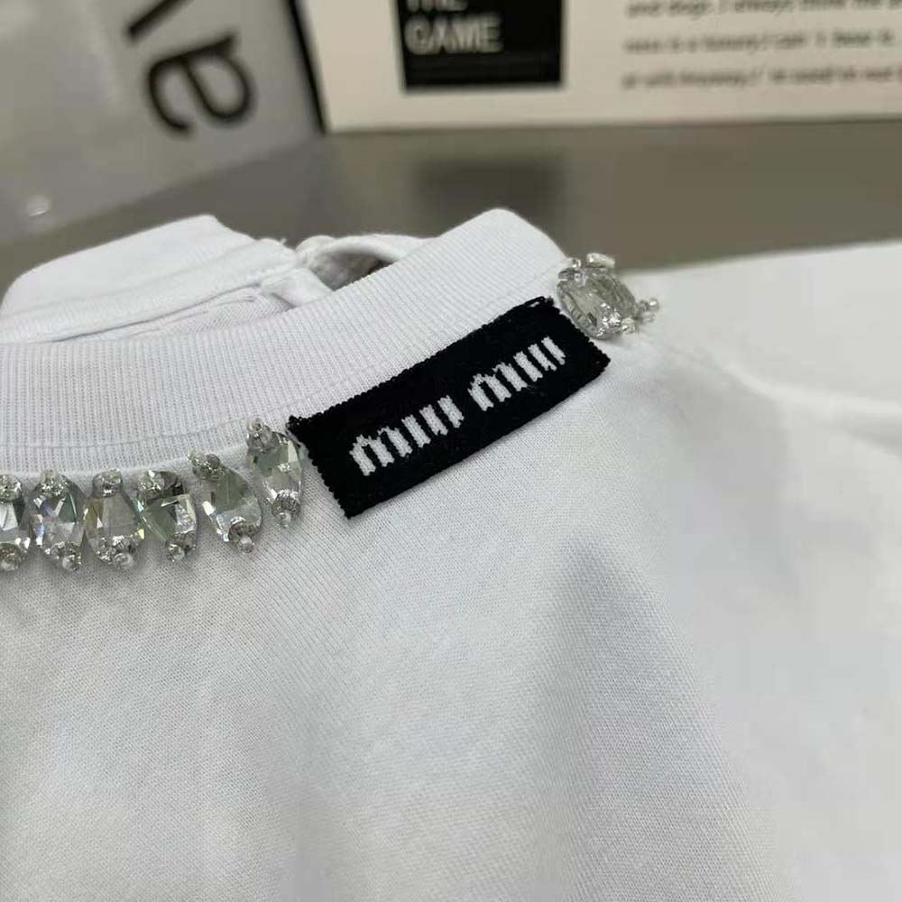 Miu Miu Women Embroidered Cotton T-shirt with Logo Patch-White - image 9
