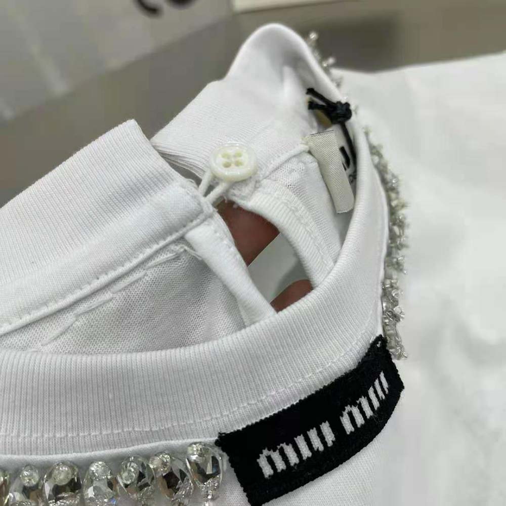 Miu Miu Women Embroidered Cotton T-shirt with Logo Patch-White - image 8