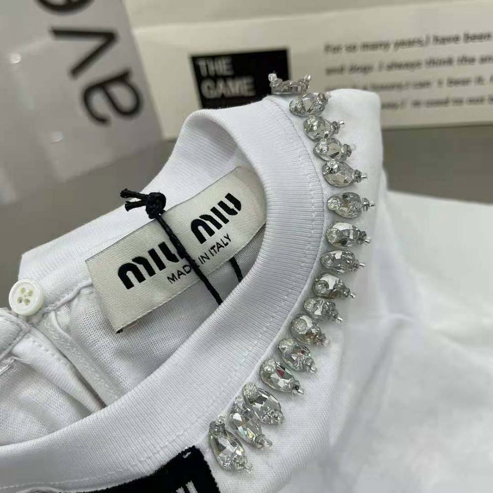 Miu Miu Women Embroidered Cotton T-shirt with Logo Patch-White - image 7