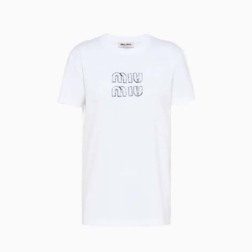 Front view of Miu Miu Women Embroidered Cotton T-shirt with Embroidered Logo-White