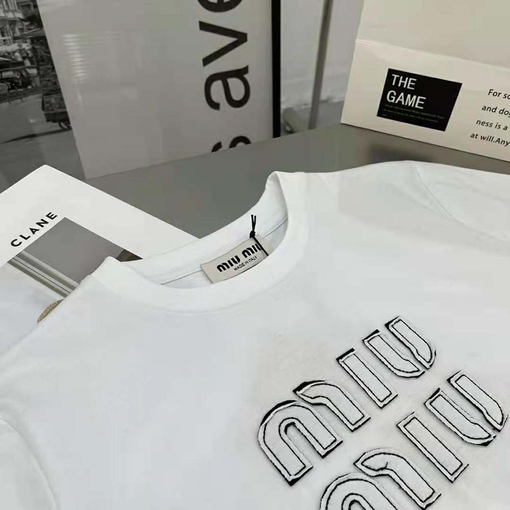 Miu Miu Women Embroidered Cotton T-shirt with Embroidered Logo-White - image 4
