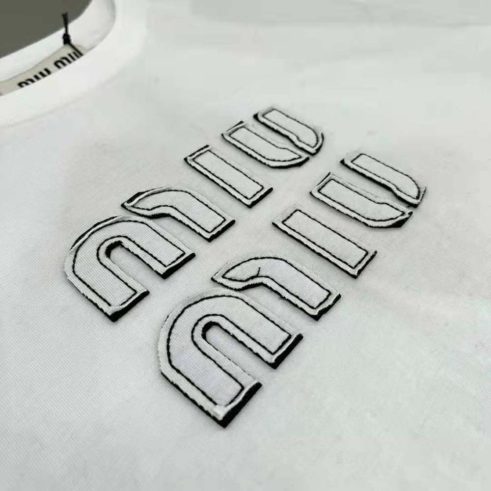Miu Miu Women Embroidered Cotton T-shirt with Embroidered Logo-White - image 8