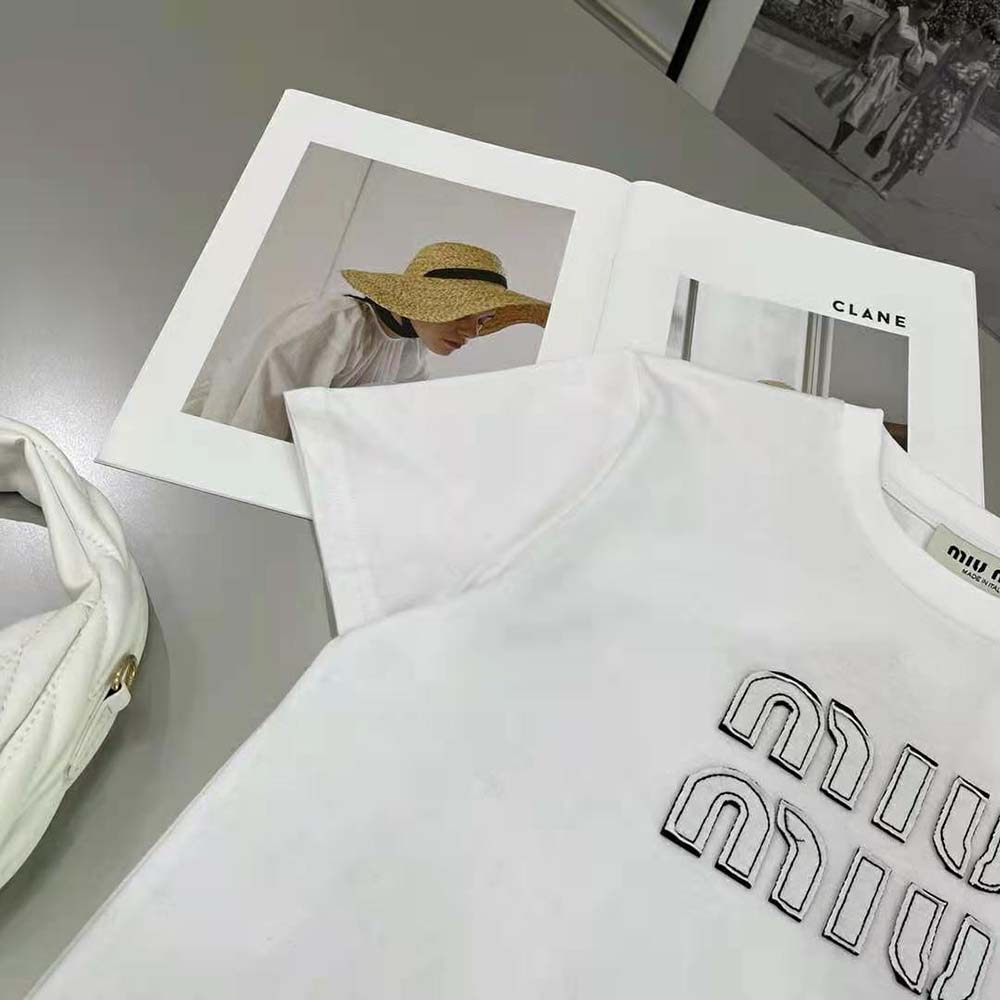 Miu Miu Women Embroidered Cotton T-shirt with Embroidered Logo-White - image 7