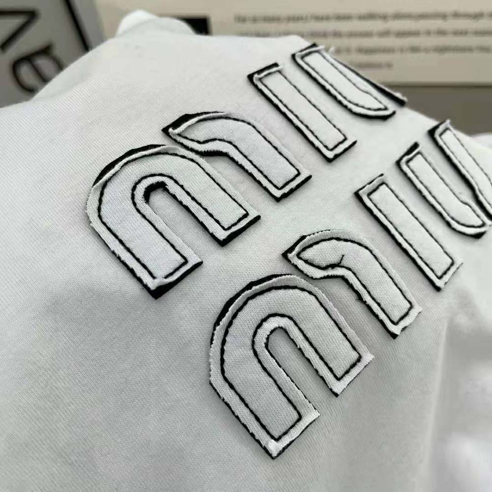 Miu Miu Women Embroidered Cotton T-shirt with Embroidered Logo-White - image 6