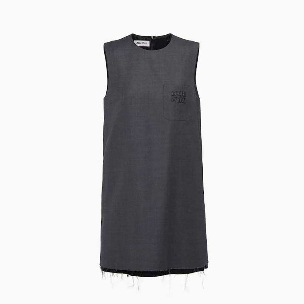 Front view of Miu Miu Women Grisaille Mini-Dress with Embroidered Logo-Black