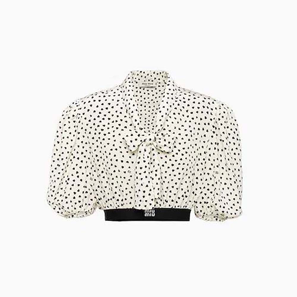 Front view of Miu Miu Women Heart-Print Crepe De Chine Top in white
