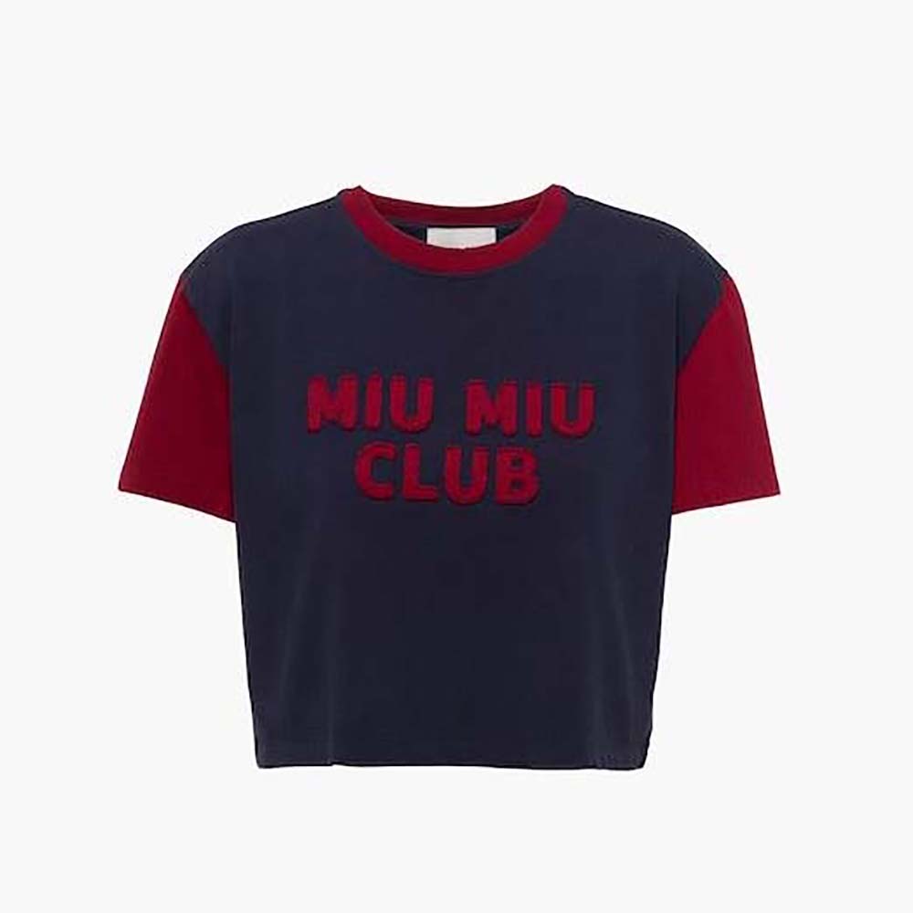 Front view of Miu Miu Women Jersey T-shirt with Embroidered Logo-Navy