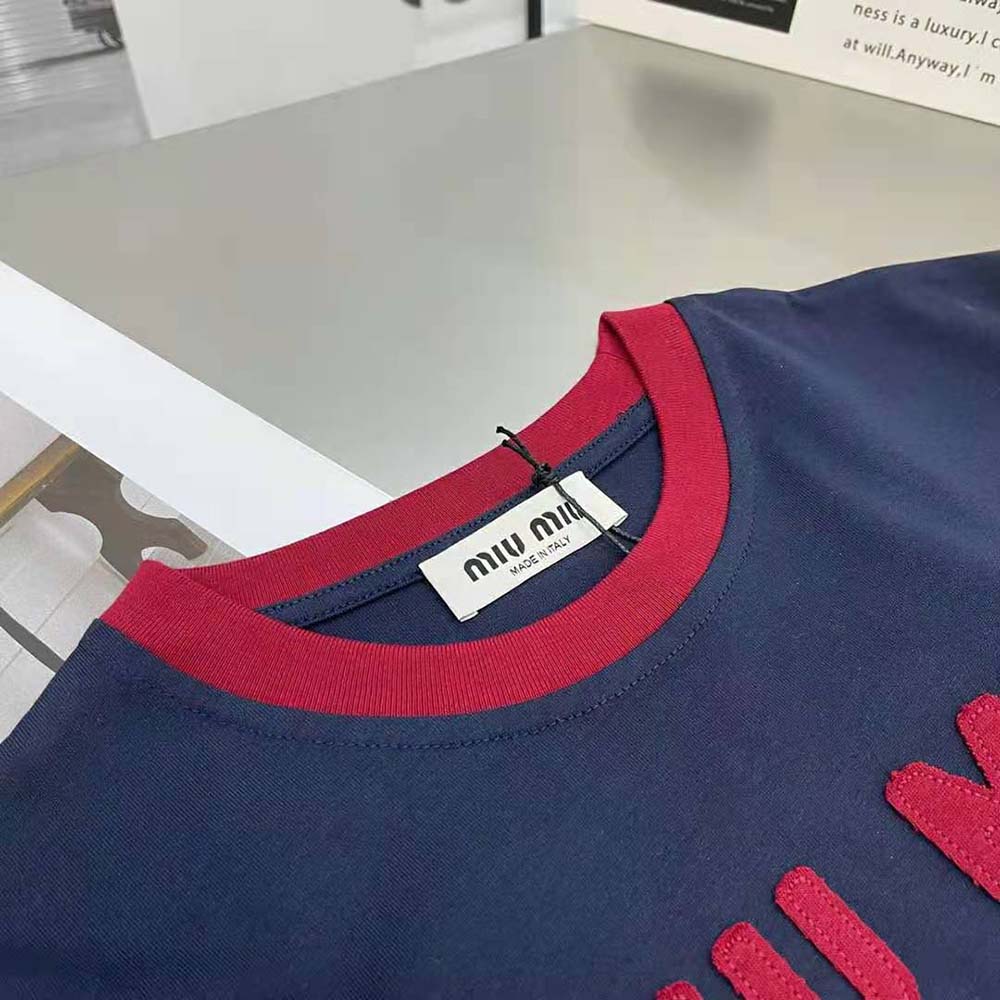 Miu Miu Women Jersey T-shirt with Embroidered Logo-Navy - image 4