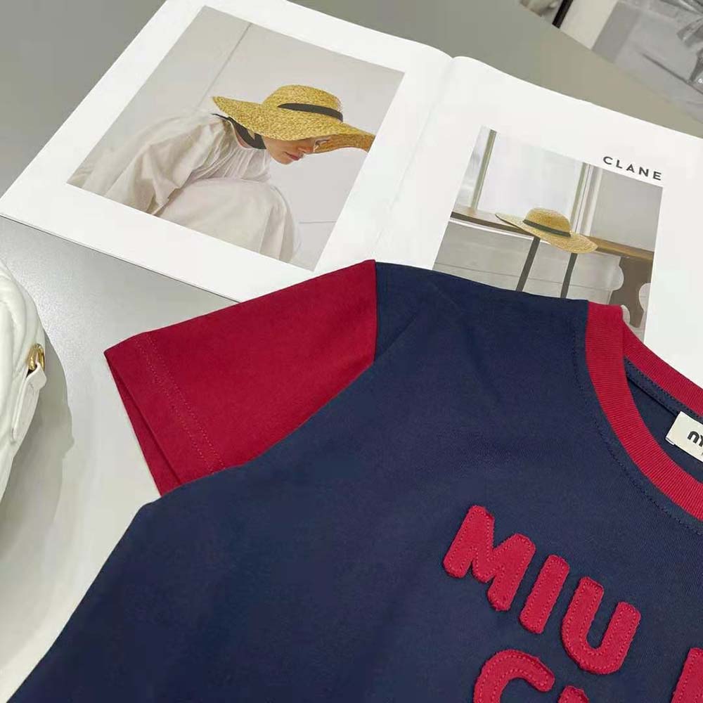 Miu Miu Women Jersey T-shirt with Embroidered Logo-Navy - image 5