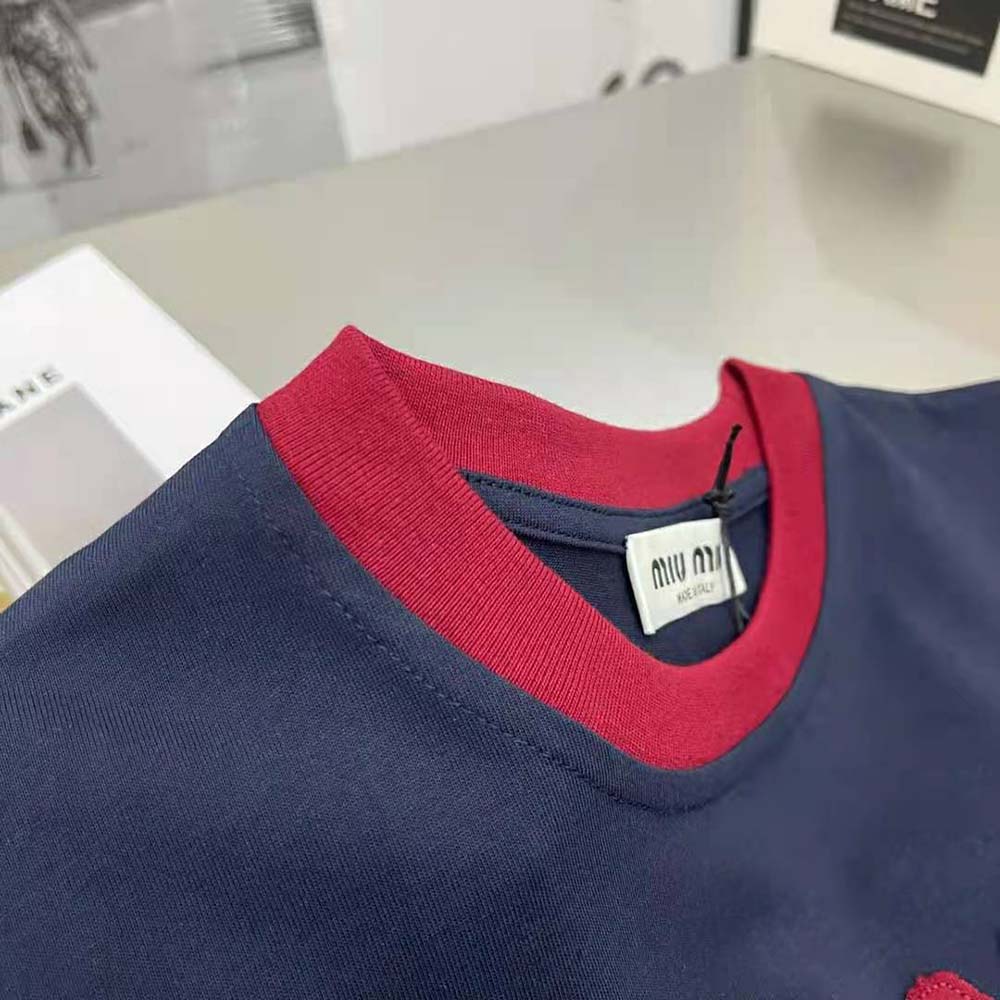 Miu Miu Women Jersey T-shirt with Embroidered Logo-Navy - image 6