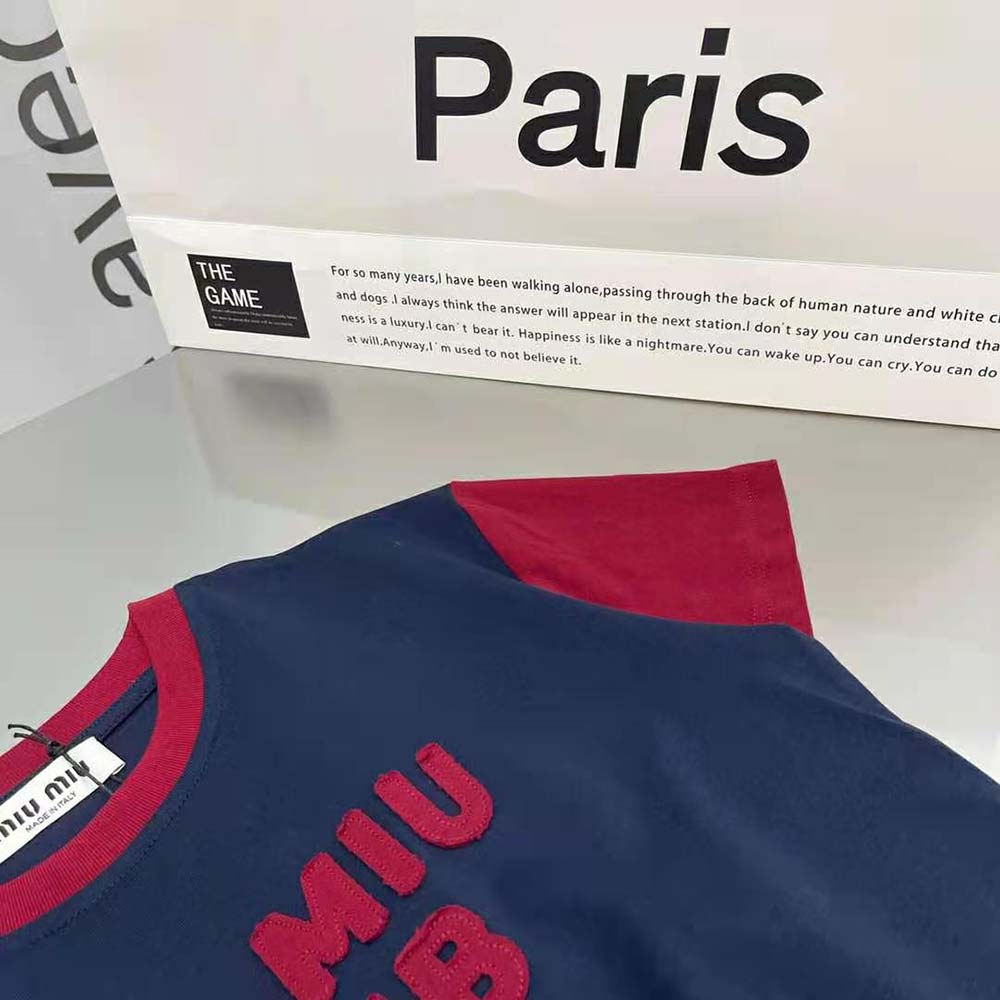 Miu Miu Women Jersey T-shirt with Embroidered Logo-Navy - image 7