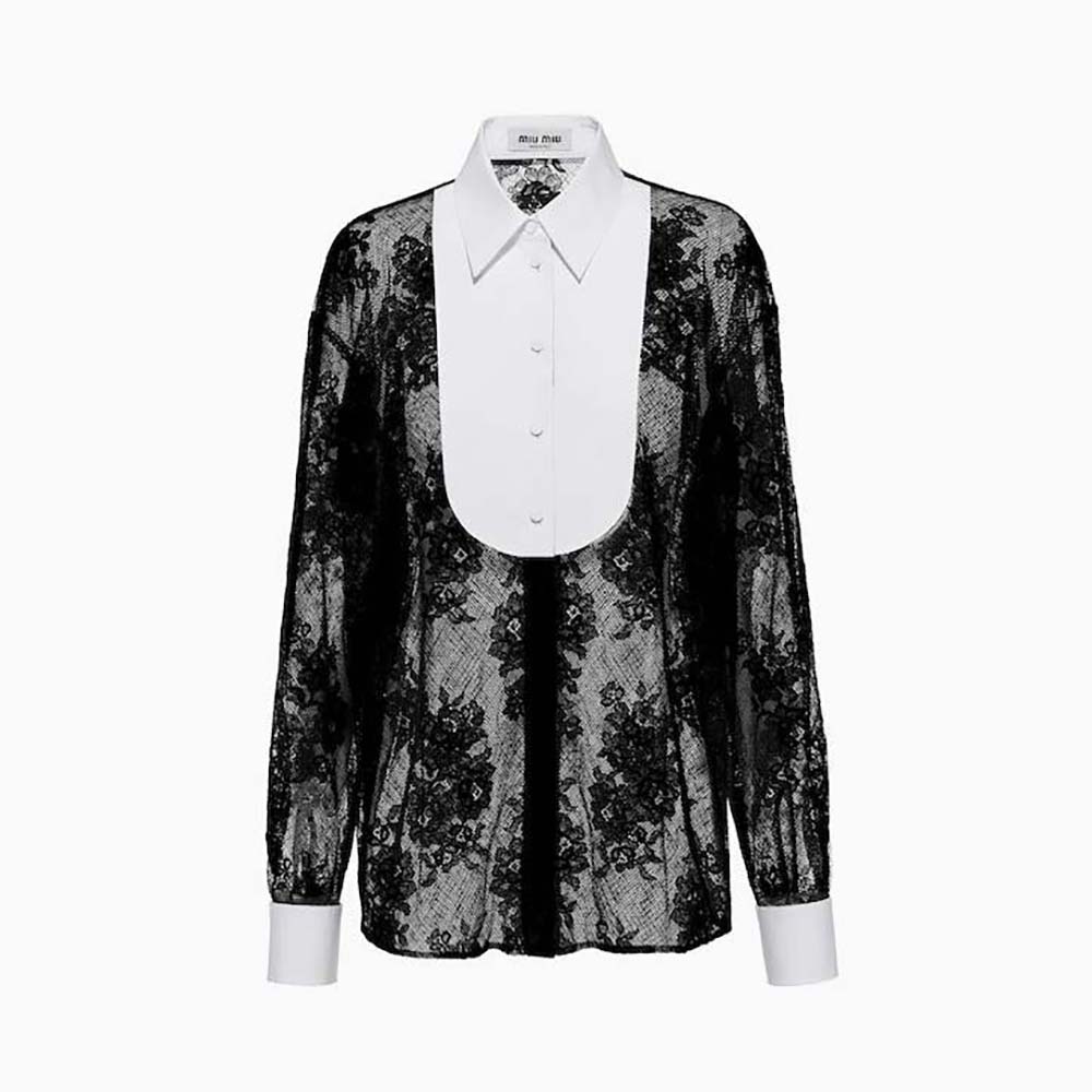 Front view of Miu Miu Women Lace Shirt with Knit Logo Label-Black showing lace detail