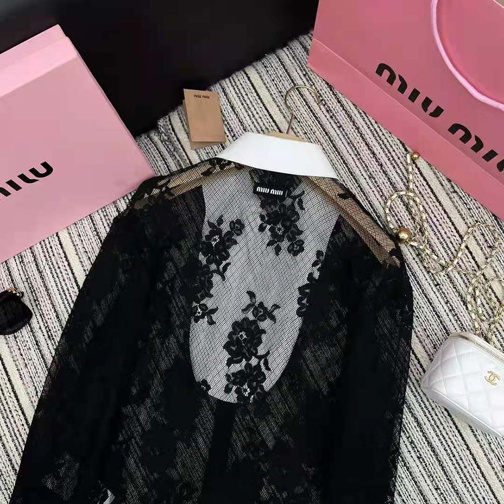 Miu Miu Women Lace Shirt with Knit Logo Label-Black - image 5