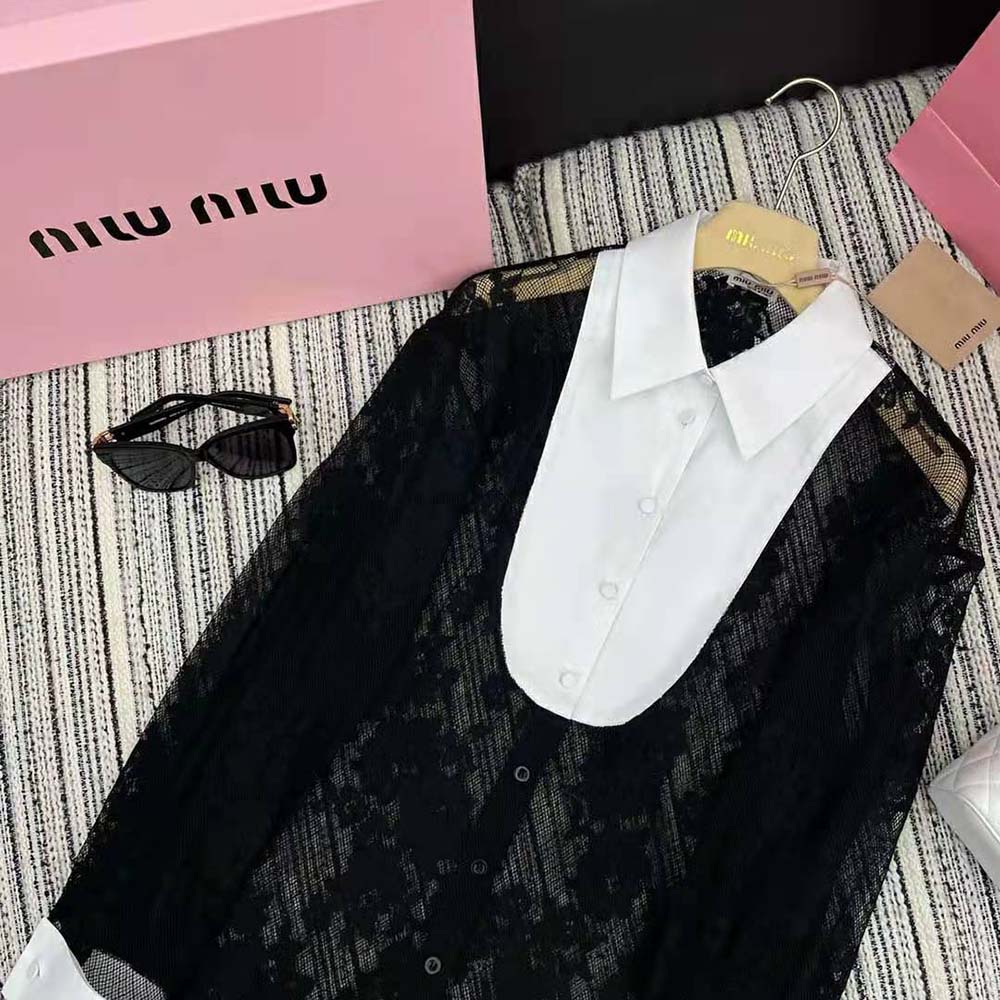 Miu Miu Women Lace Shirt with Knit Logo Label-Black - image 4