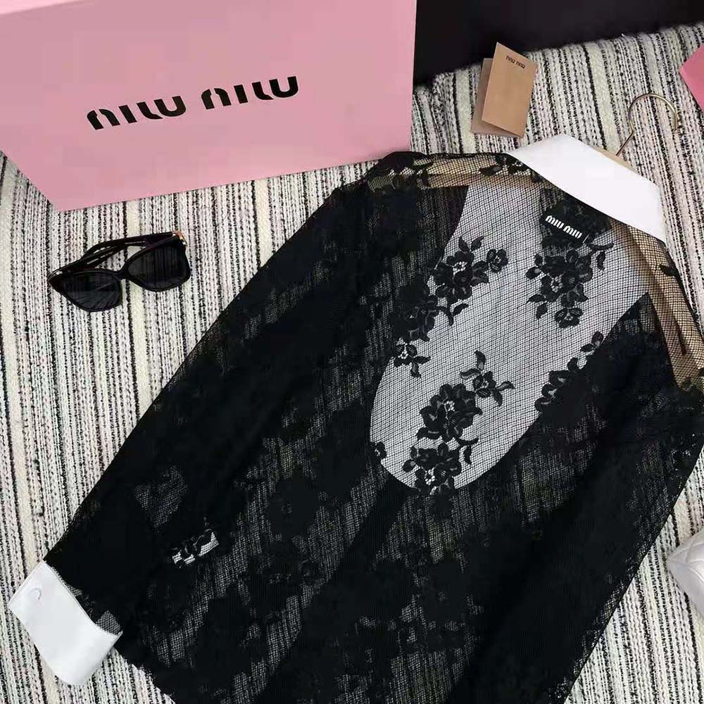 Miu Miu Women Lace Shirt with Knit Logo Label-Black - image 6
