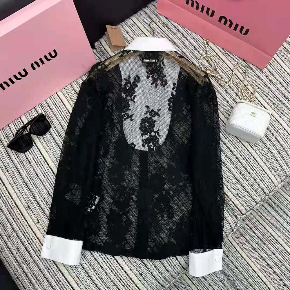 Side angle of slim fit Miu Miu Women Lace Shirt with Knit Logo Label-Black