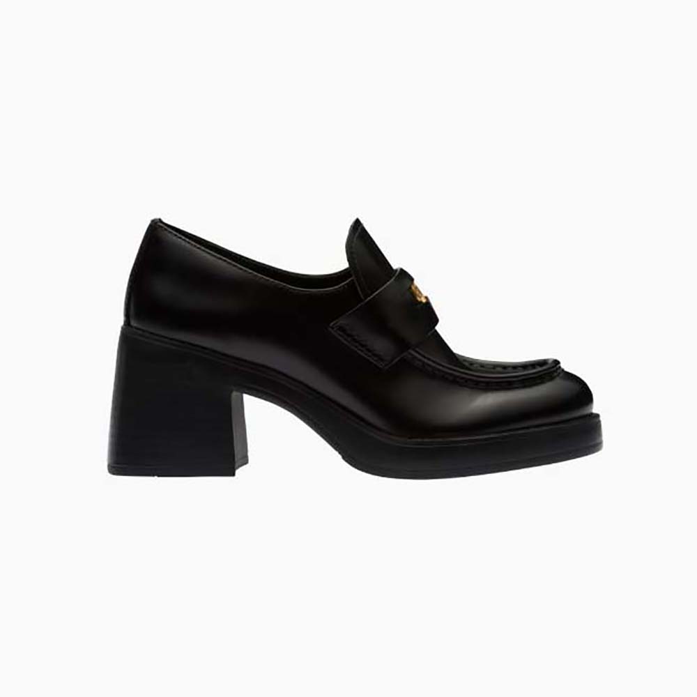 Side view of Miu Miu Women Leather Penny Loafers in 75mm Heel Height-Black