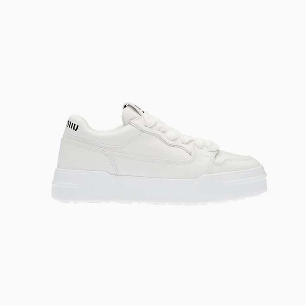 Side profile of Miu Miu Women Leather Sneakers-White showing sleek silhouette