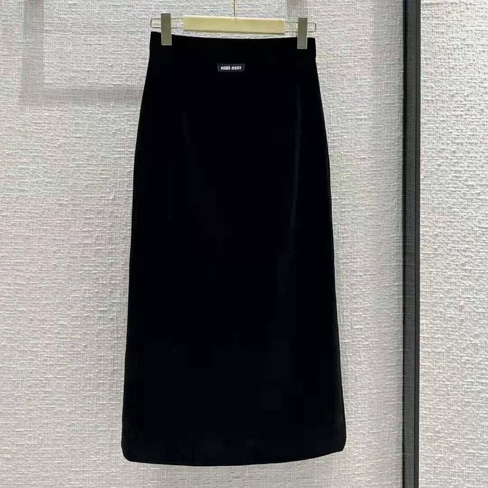Side angle showing flowing silhouette of Miu Miu Women Long Velvet Skirt