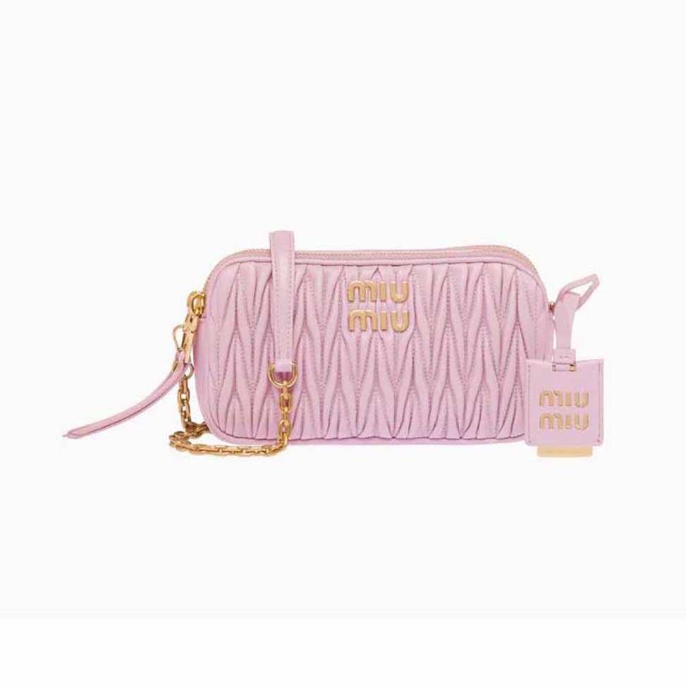 Front view of Miu Miu Women Matelassé Nappa Leather Mini-Bag-Pink with flap closed