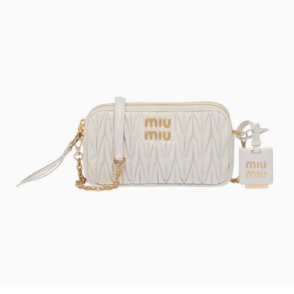 Front view of Miu Miu Women Matelassé Nappa Leather Mini-Bag-White with gold clasp