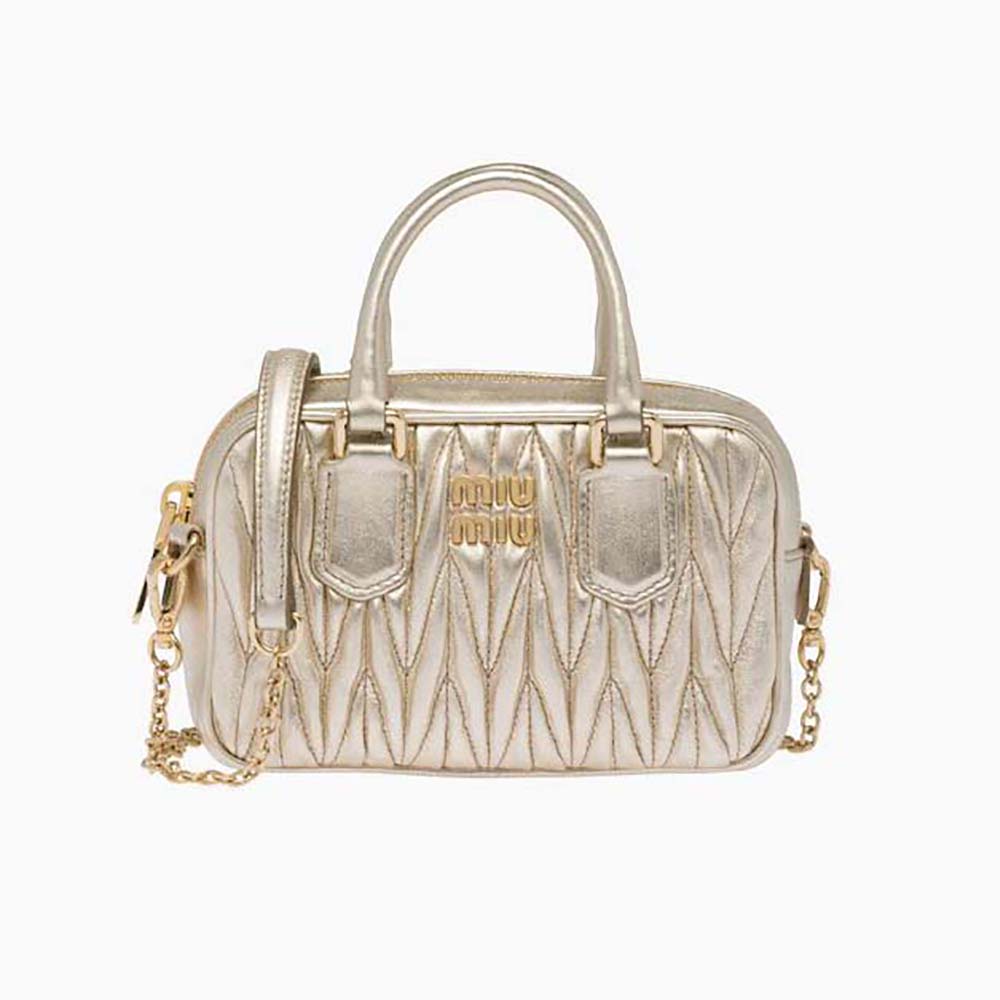 Front view of Miu Miu Women Matelassé Nappa Leather Top-Handle Mini-Bag-Gold