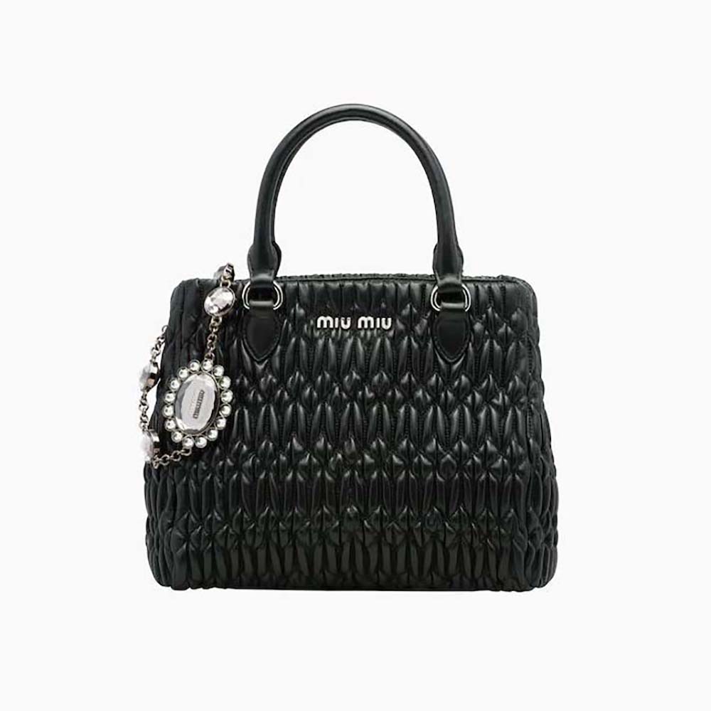 Front view of Miu Miu Women Miu Crystal Cloqué Nappa Leather Handbag-Black