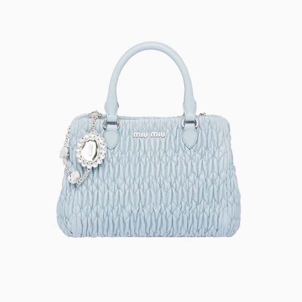 Front view of Miu Miu Women Miu Crystal Cloqué Nappa Leather Handbag-Blue