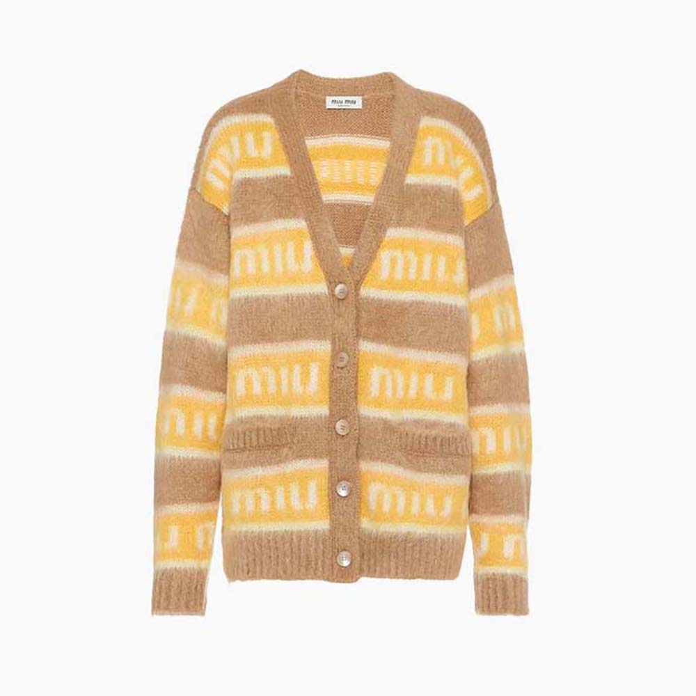 Front view of Miu Miu Women Oversized Mohair Cardigan with Intarsia Logo-Yellow
