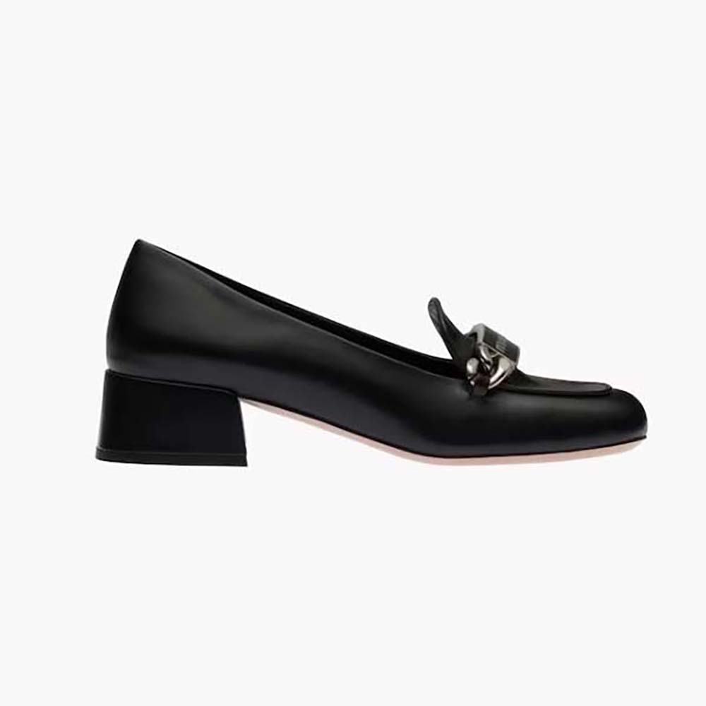 Front angle of Miu Miu Women Patent Leather Loafers in black patent