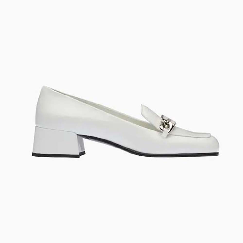 Side profile of Miu Miu Women Patent Leather Loafers in white with 35 mm heel