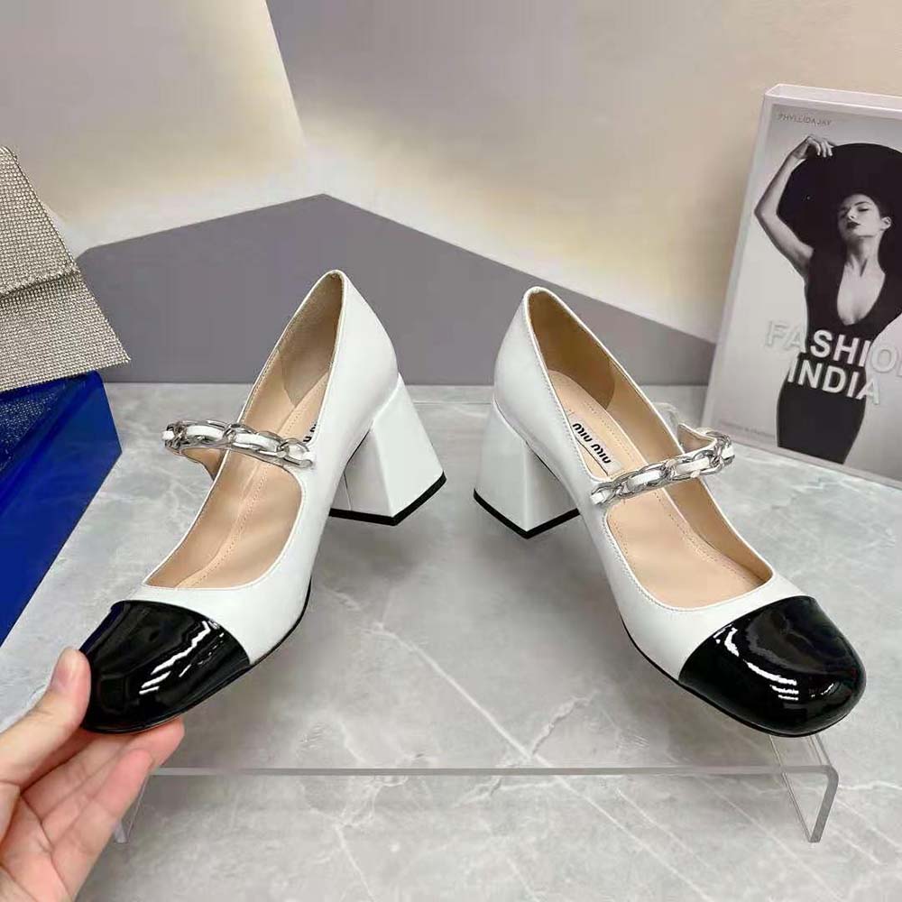 Top-down angle showing glossy finish on Miu Miu Women Patent Leather Pumps
