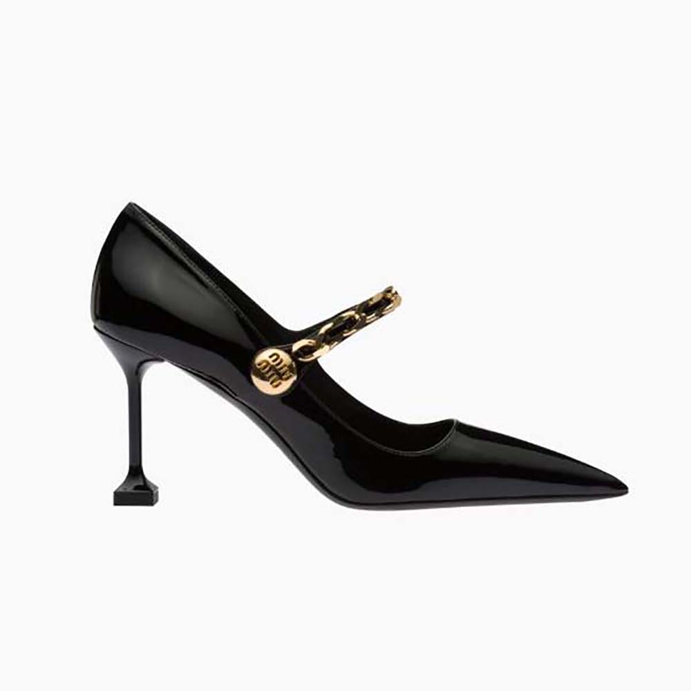Side profile of Miu Miu Women Patent Leather Pumps in 85mm Heel Height-Black