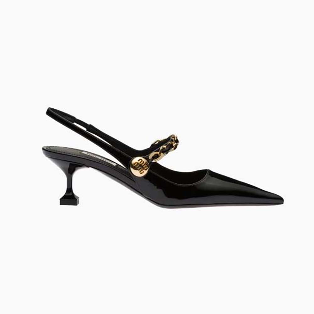 Side view of Miu Miu Women Patent Leather Slingback Pumps in black patent leather