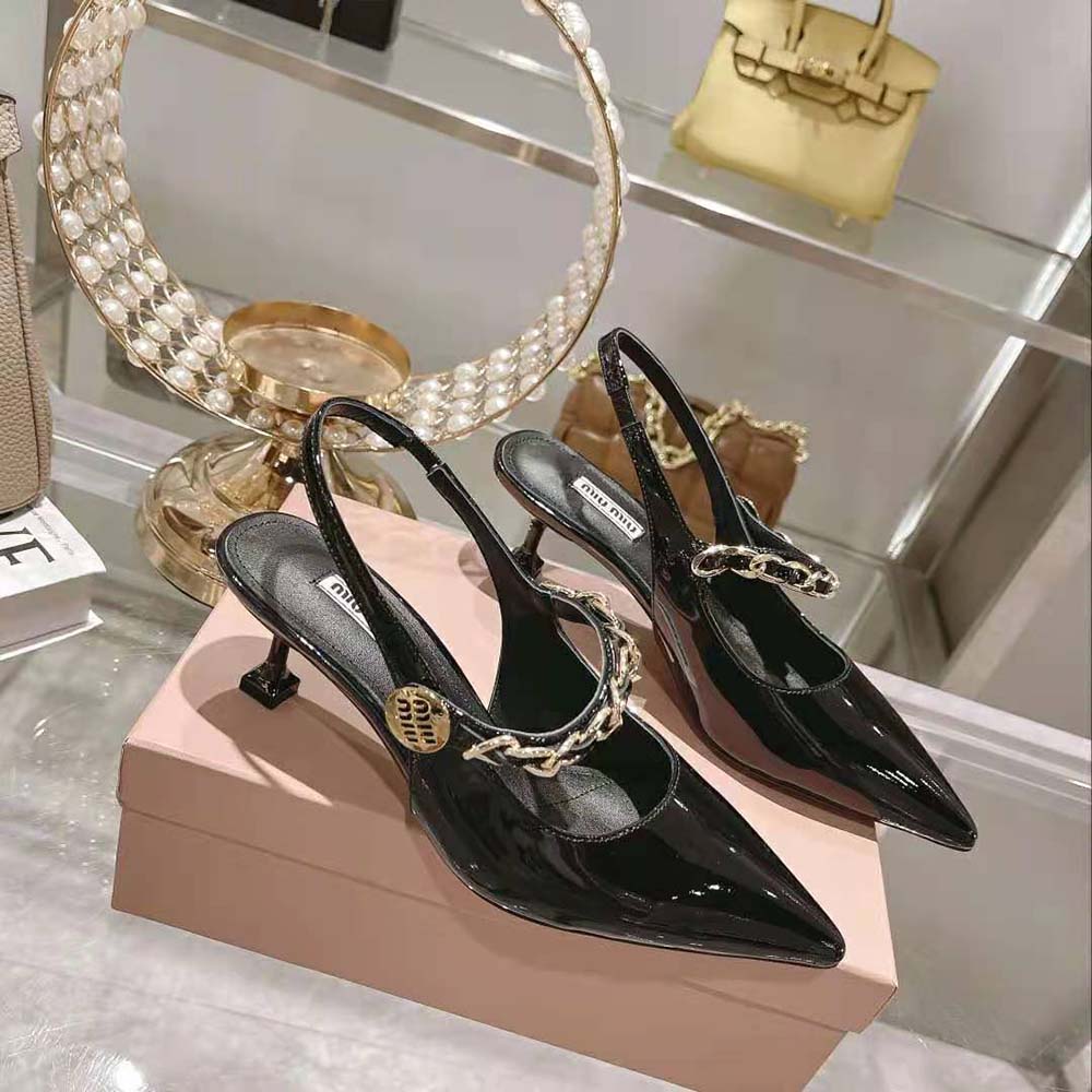 Top angle showing glossy finish on Miu Miu Women Patent Leather Slingback Pumps