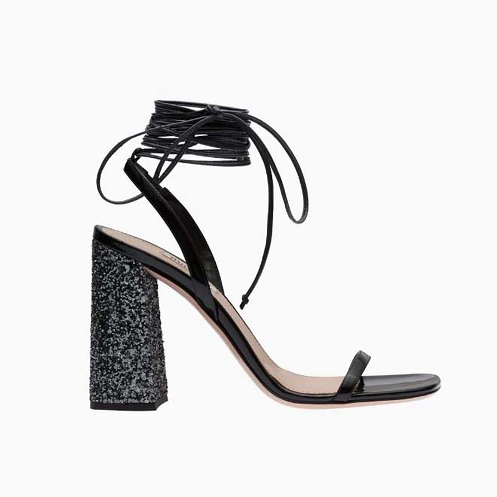 Side view of Miu Miu Women Patent Leather and Glitter Sandals in 100mm Heel Height-Black