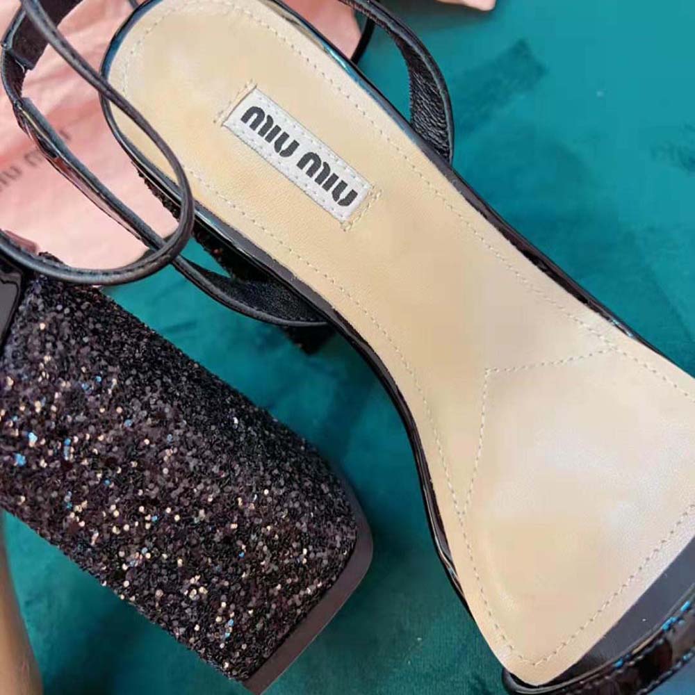 Miu Miu Women Patent Leather and Glitter Sandals in 100mm Heel Height-Black - image 8