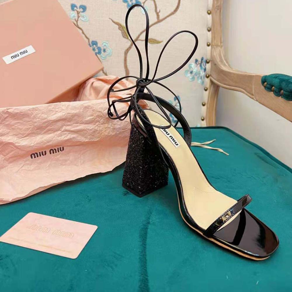 Miu Miu Women Patent Leather and Glitter Sandals in 100mm Heel Height-Black - image 4