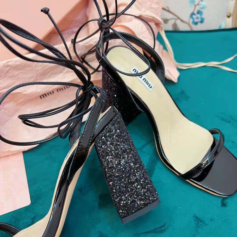Miu Miu Women Patent Leather and Glitter Sandals in 100mm Heel Height-Black - image 5