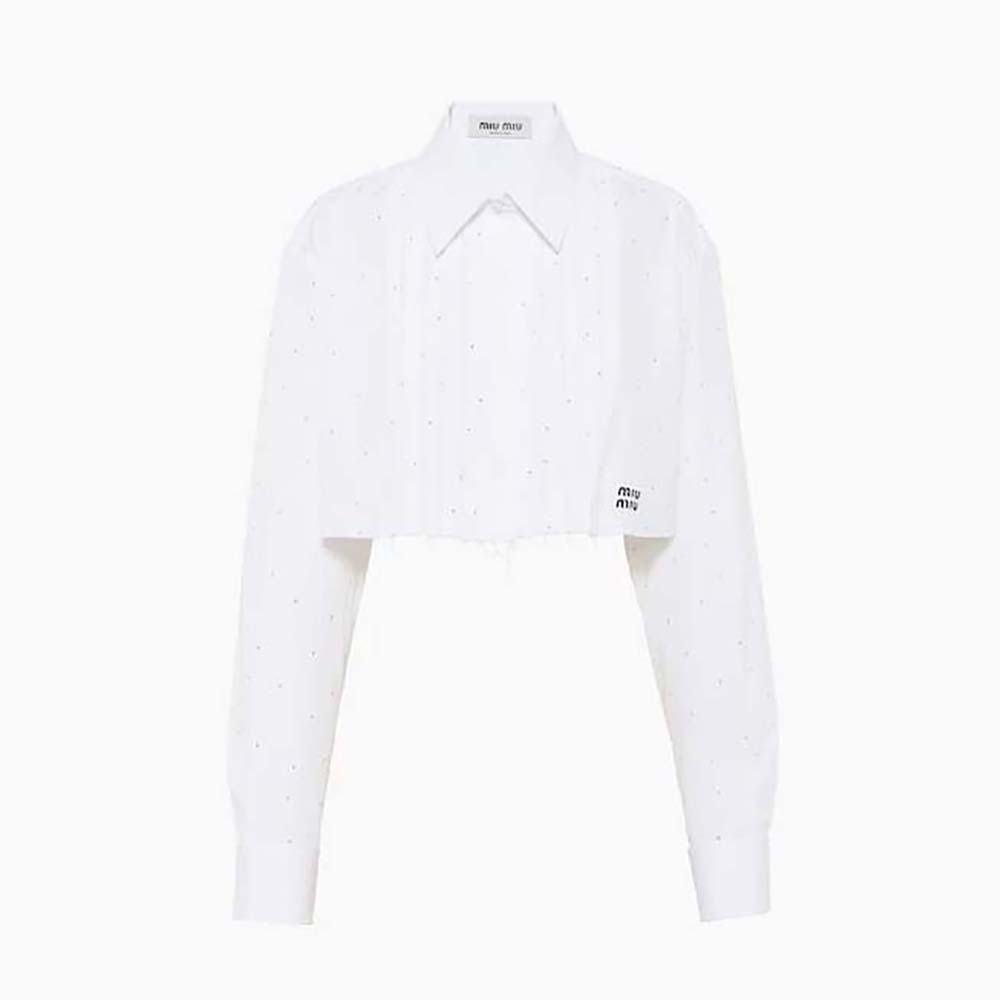 Front view of Miu Miu Women Poplin Shirt with Embroidered Logo-White