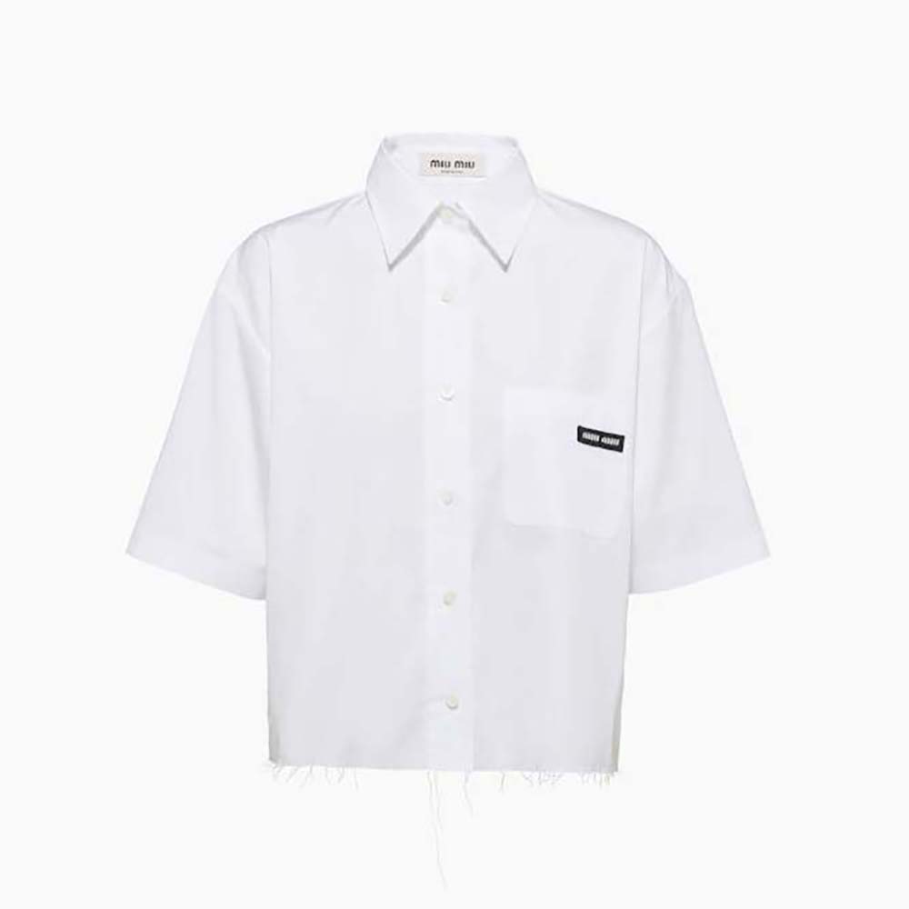 Front view of Miu Miu Women Poplin Shirt with Sartorial Logo Label-White