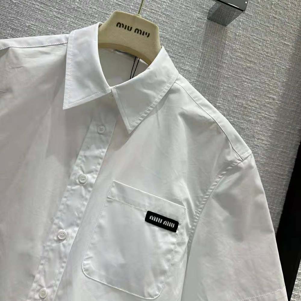 Miu Miu Women Poplin Shirt with Sartorial Logo Label-White - image 6
